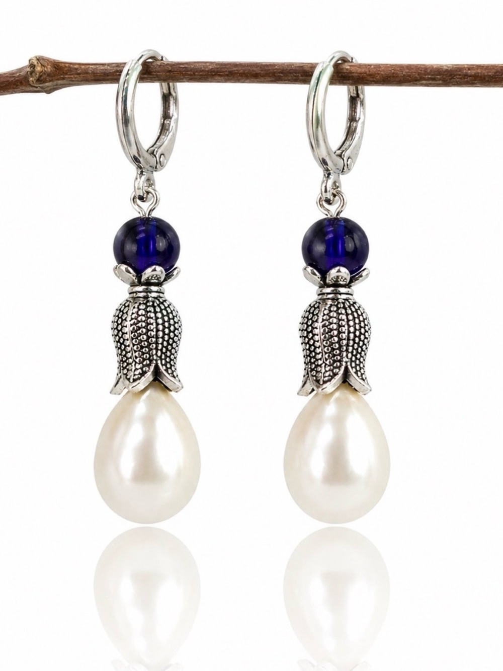 Cobalt Blue Pearl Earrings, Silver Tulip Dangles, Romantic Artisan Jewelry